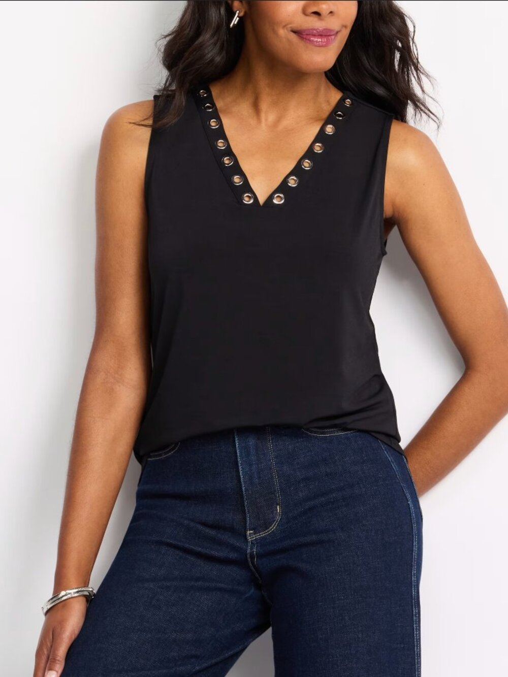 Montgomery Post Bonnie Grommet V Neck Knit Top Black Sleeveless Size M